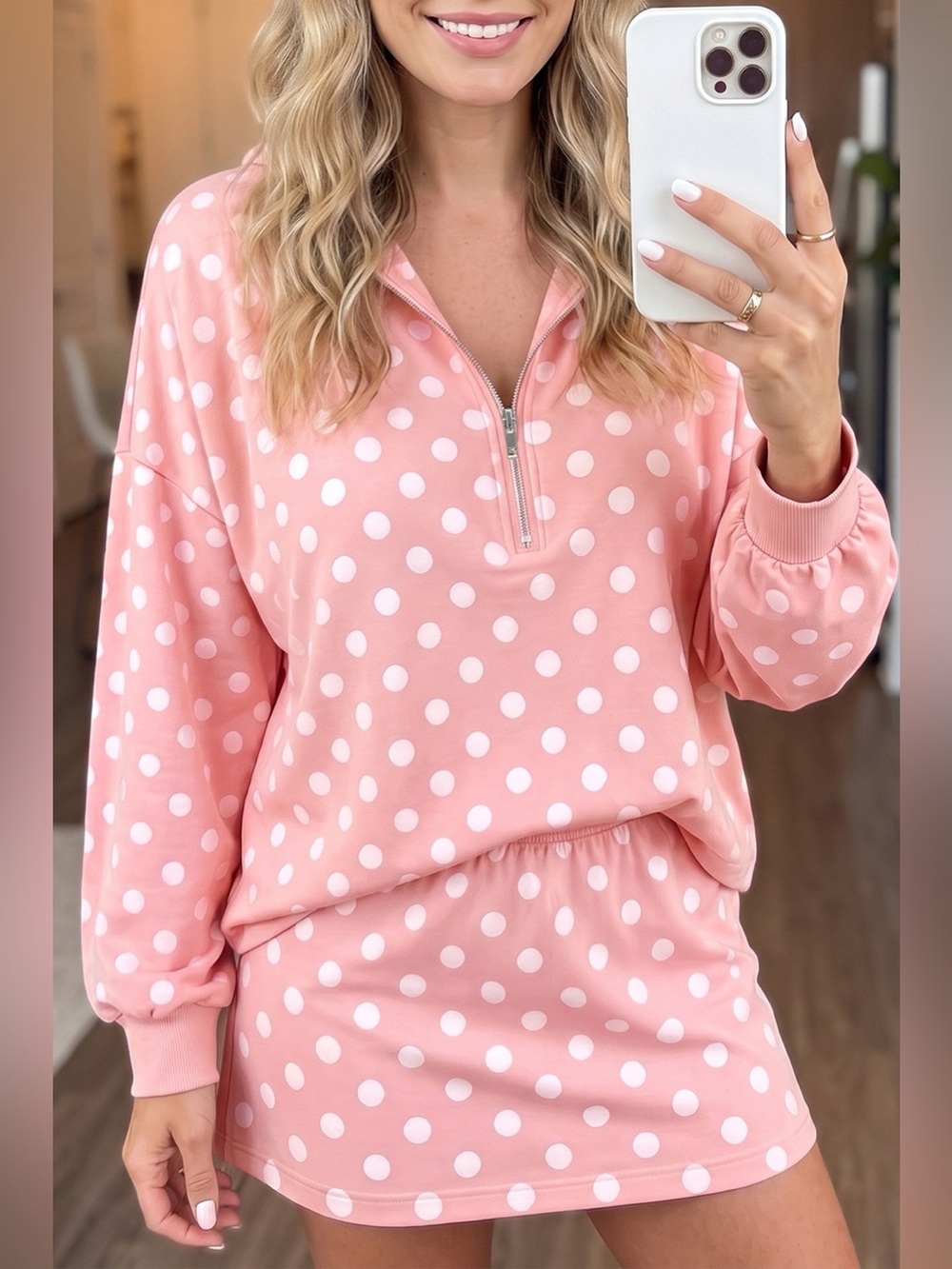 Polka Dot Hooded Long Sleeve Top Casual Mini Skort Set